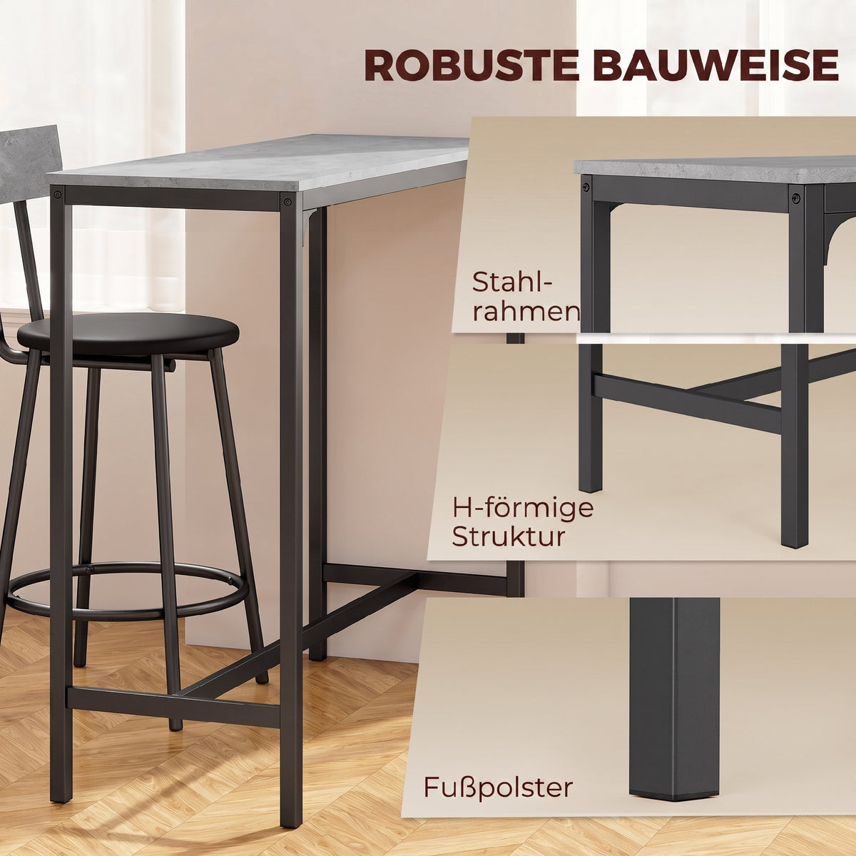 Bartisch-Set mit zwei gepolsterten Hockern