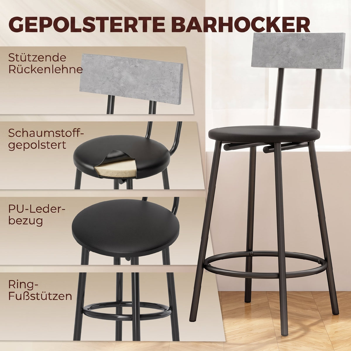 Bartisch-Set mit zwei gepolsterten Hockern