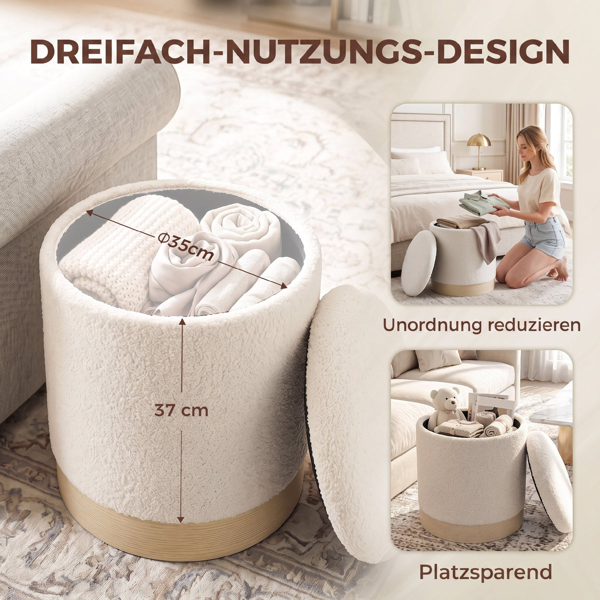 Rundhocker mit Stauraum und Sherpa-Bezug