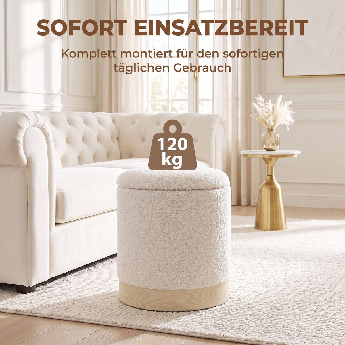 Rundhocker mit Stauraum und Sherpa-Bezug