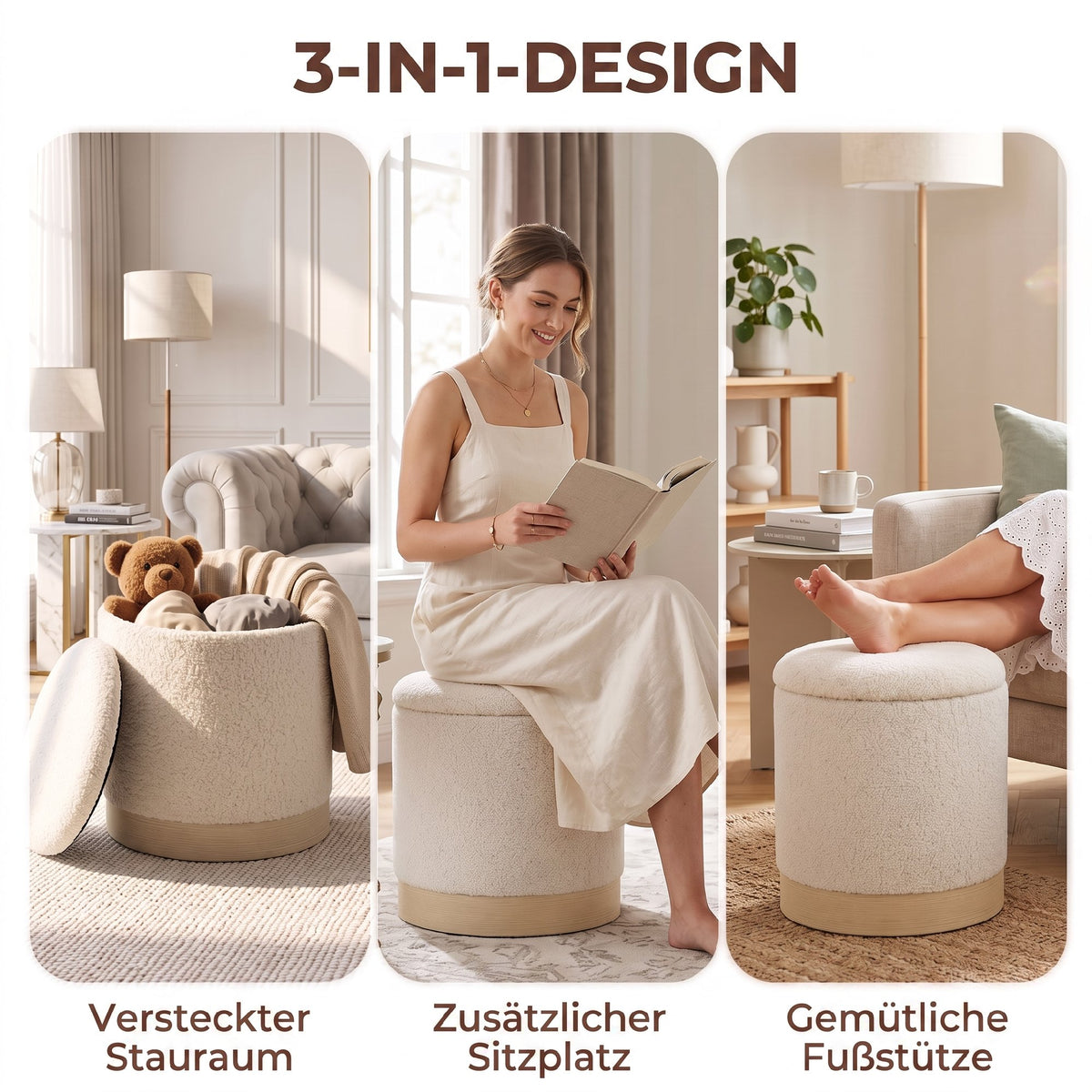 Rundhocker mit Stauraum und Sherpa-Bezug
