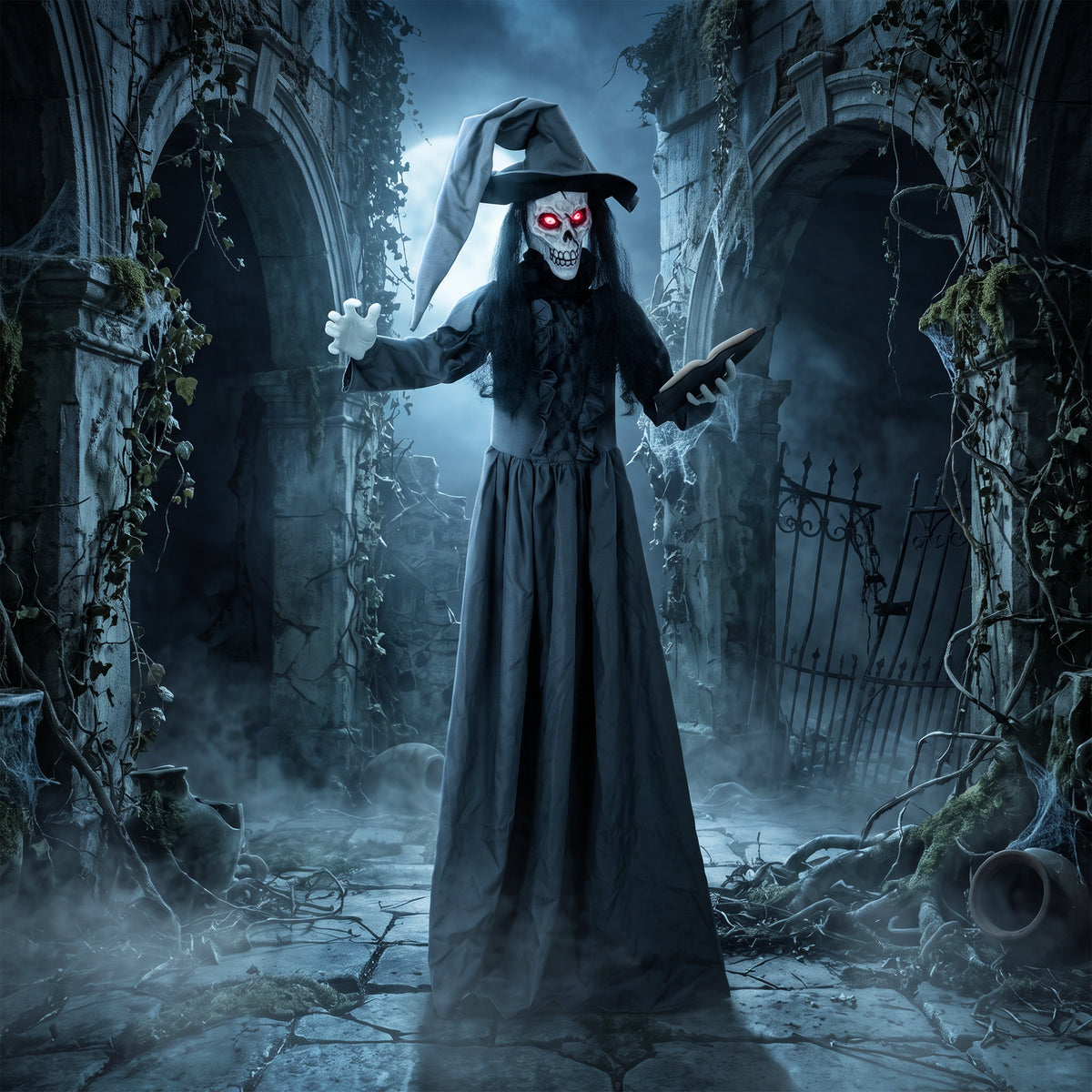 Animierte Halloween-Hexe mit Sound und LED-Augen