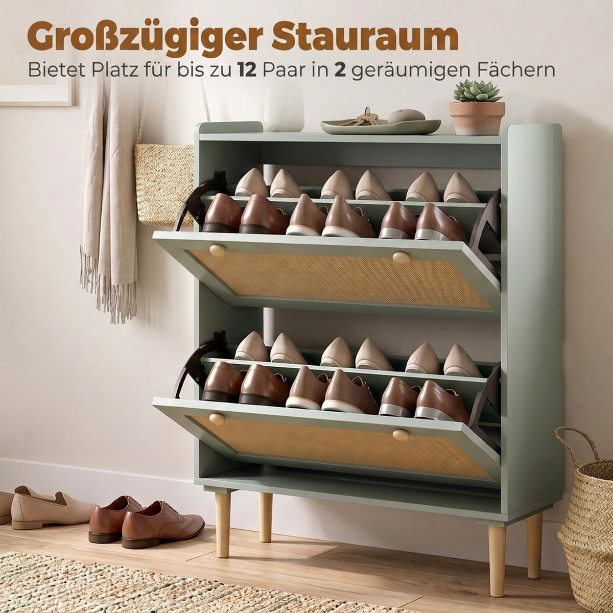 Schuhschrank 80 cm mit 2 Klappfächern und Rattanfronten