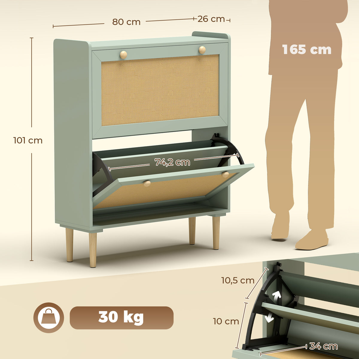Schuhschrank 80 cm mit 2 Klappfächern und Rattanfronten