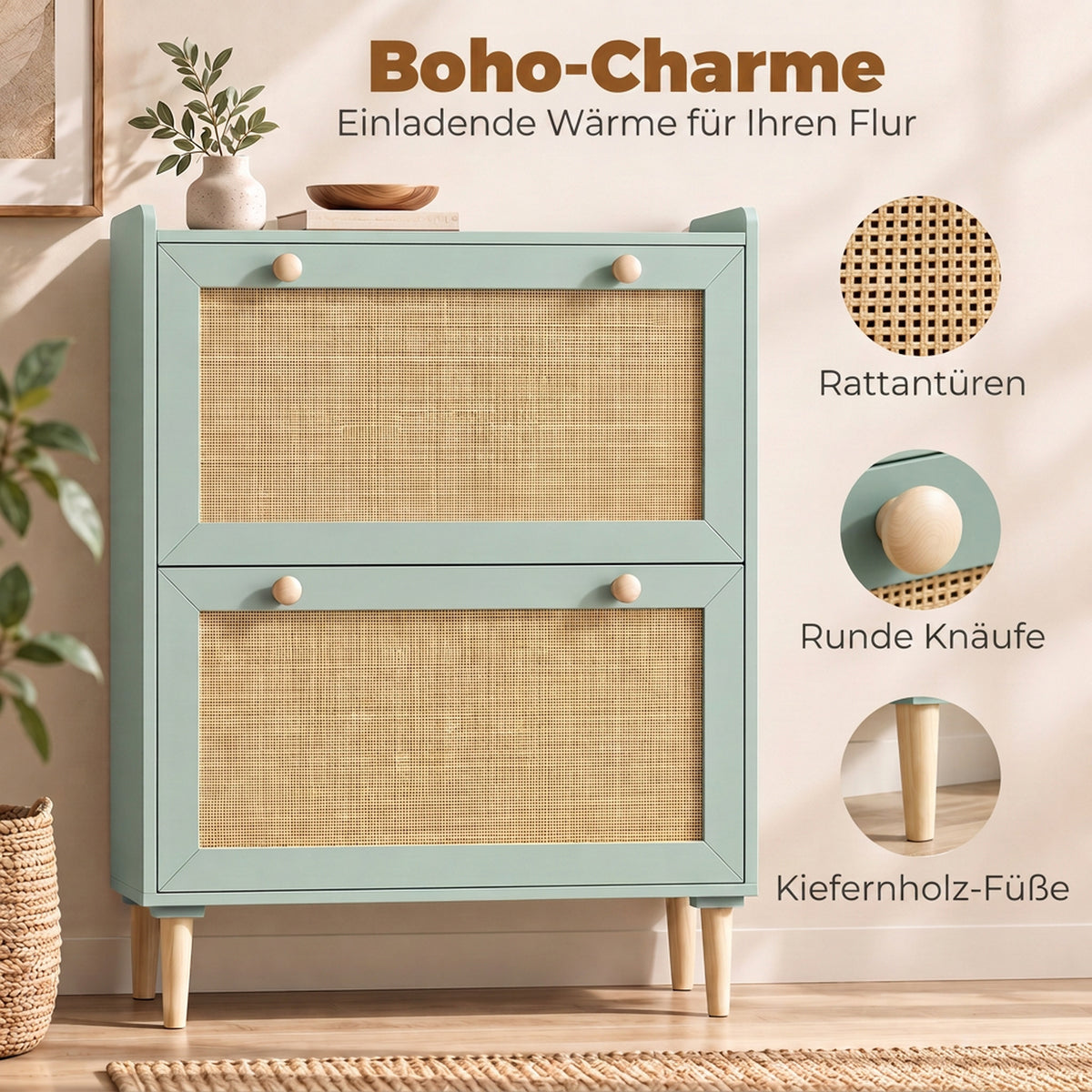 Schuhschrank 80 cm mit 2 Klappfächern und Rattanfronten