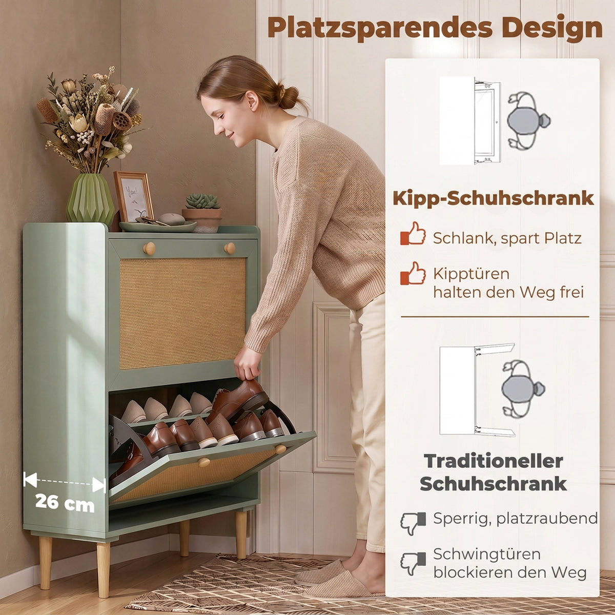 Schuhschrank 80 cm mit 2 Klappfächern und Rattanfronten