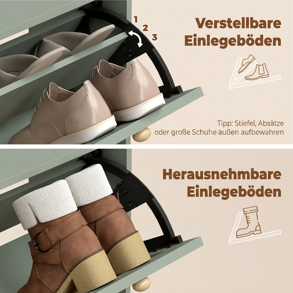 Schuhschrank 80 cm mit 2 Klappfächern und Rattanfronten