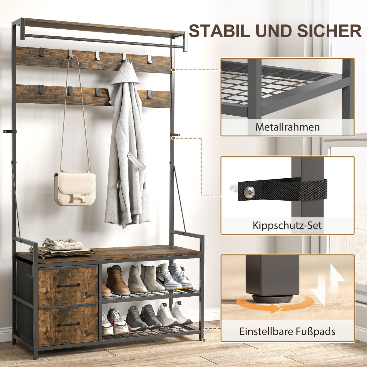 Garderobenständer mit Schuhregal und 10 Haken