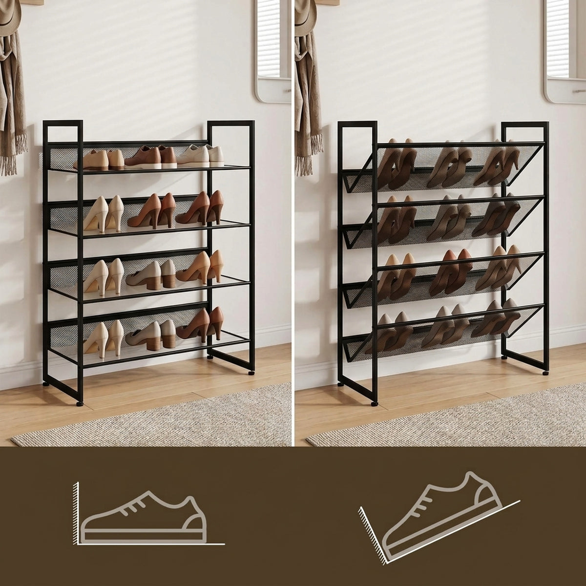 Schuhregal aus Metall mit Netzböden