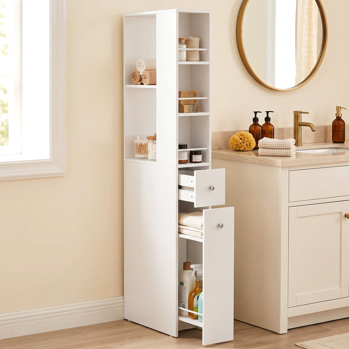 Schmaler Badezimmerschrank mit Schubladen