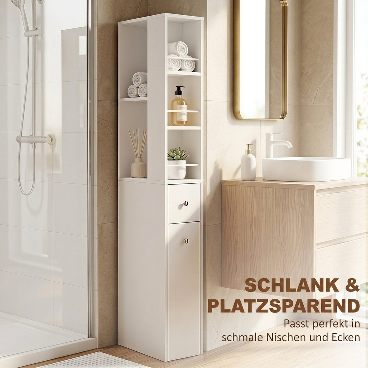 Schmaler Badezimmerschrank mit Schubladen