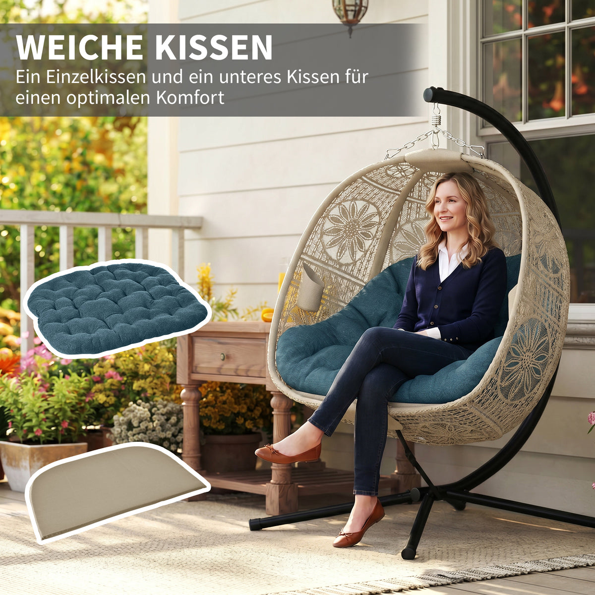 Hängesessel für zwei mit Stahlgestell und Kissen