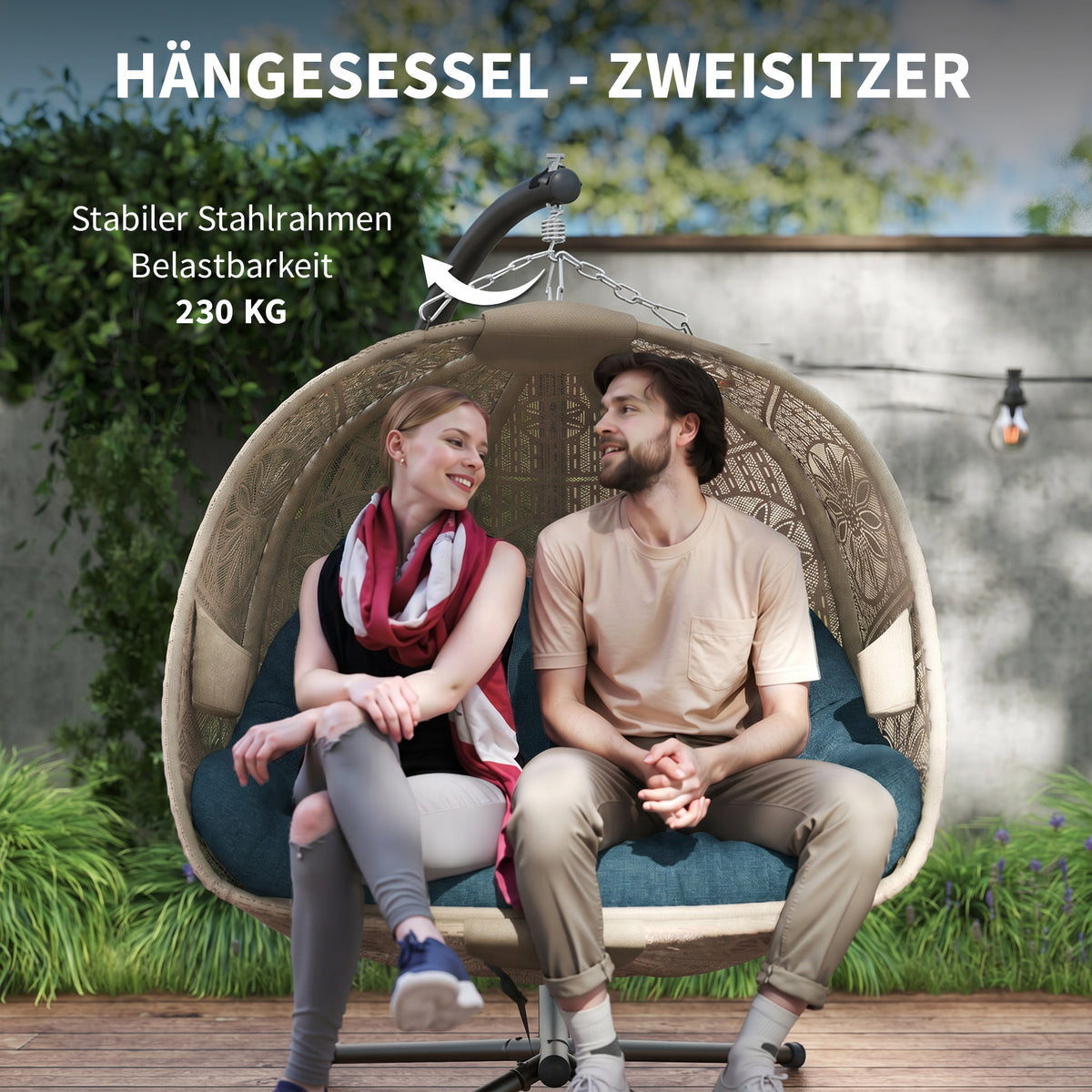 Hängesessel für zwei mit Stahlgestell und Kissen