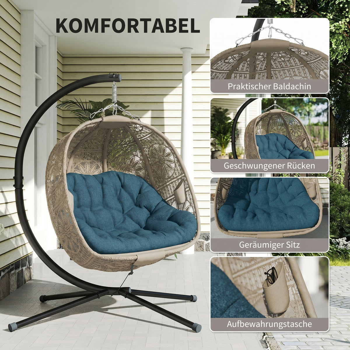 Hängesessel für zwei mit Stahlgestell und Kissen