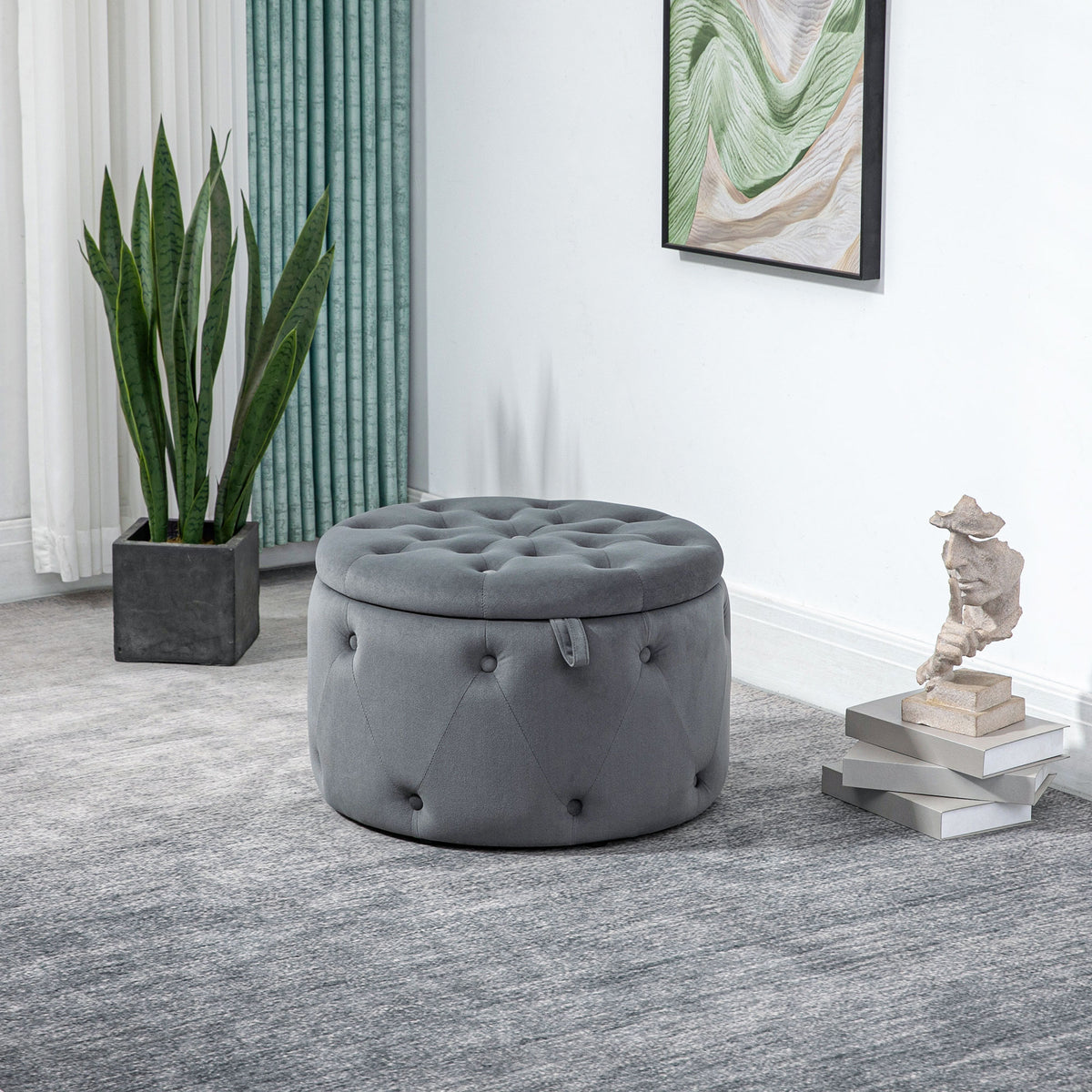 Runder Hocker mit Stauraum und Steppdesign
