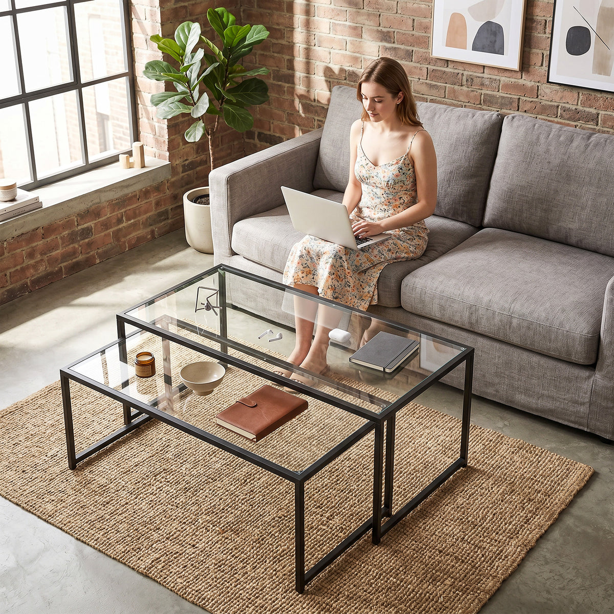 2er-Set stapelbare Glas-Beistelltische mit Stahlgestell