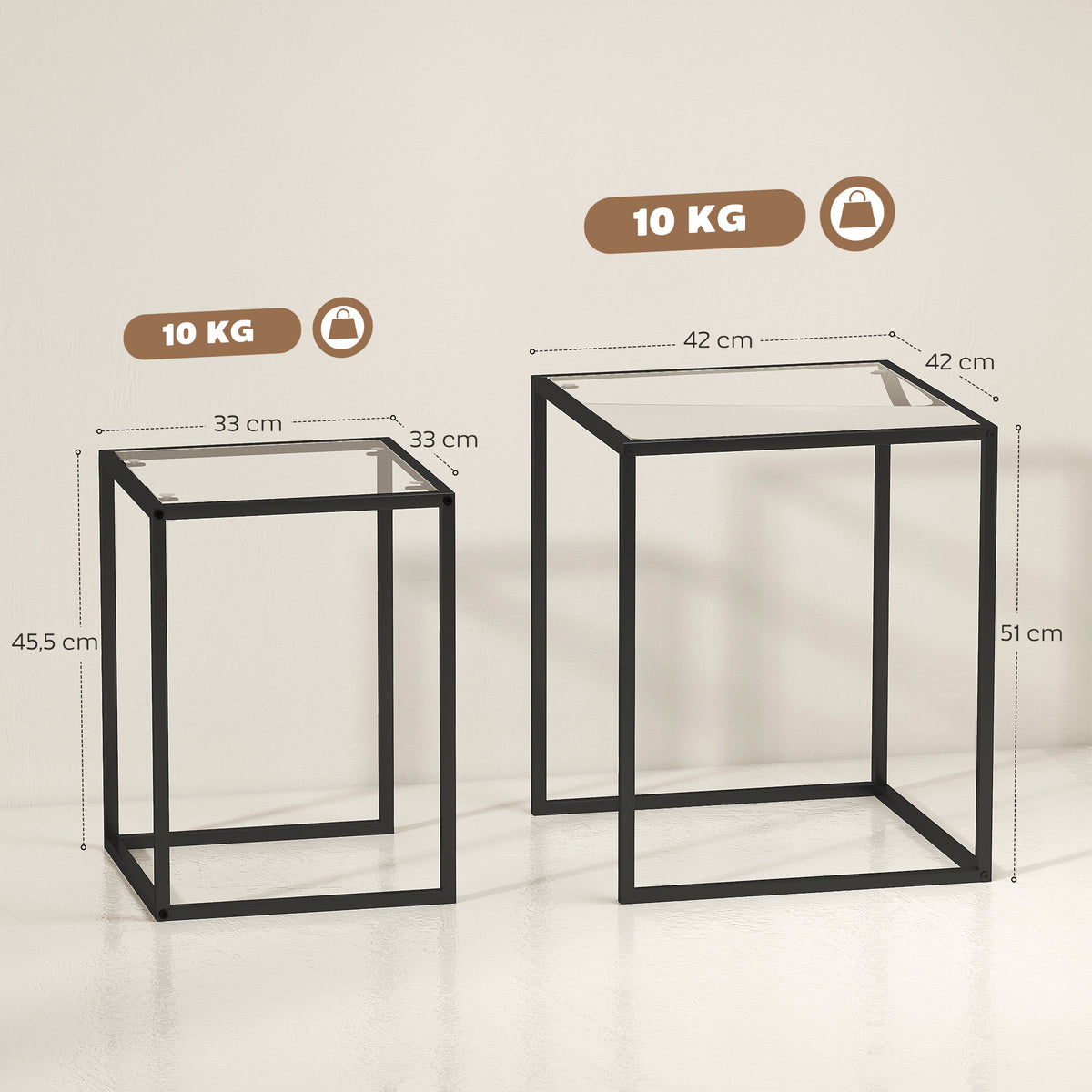 2er-Set stapelbare Glas-Beistelltische mit Stahlgestell
