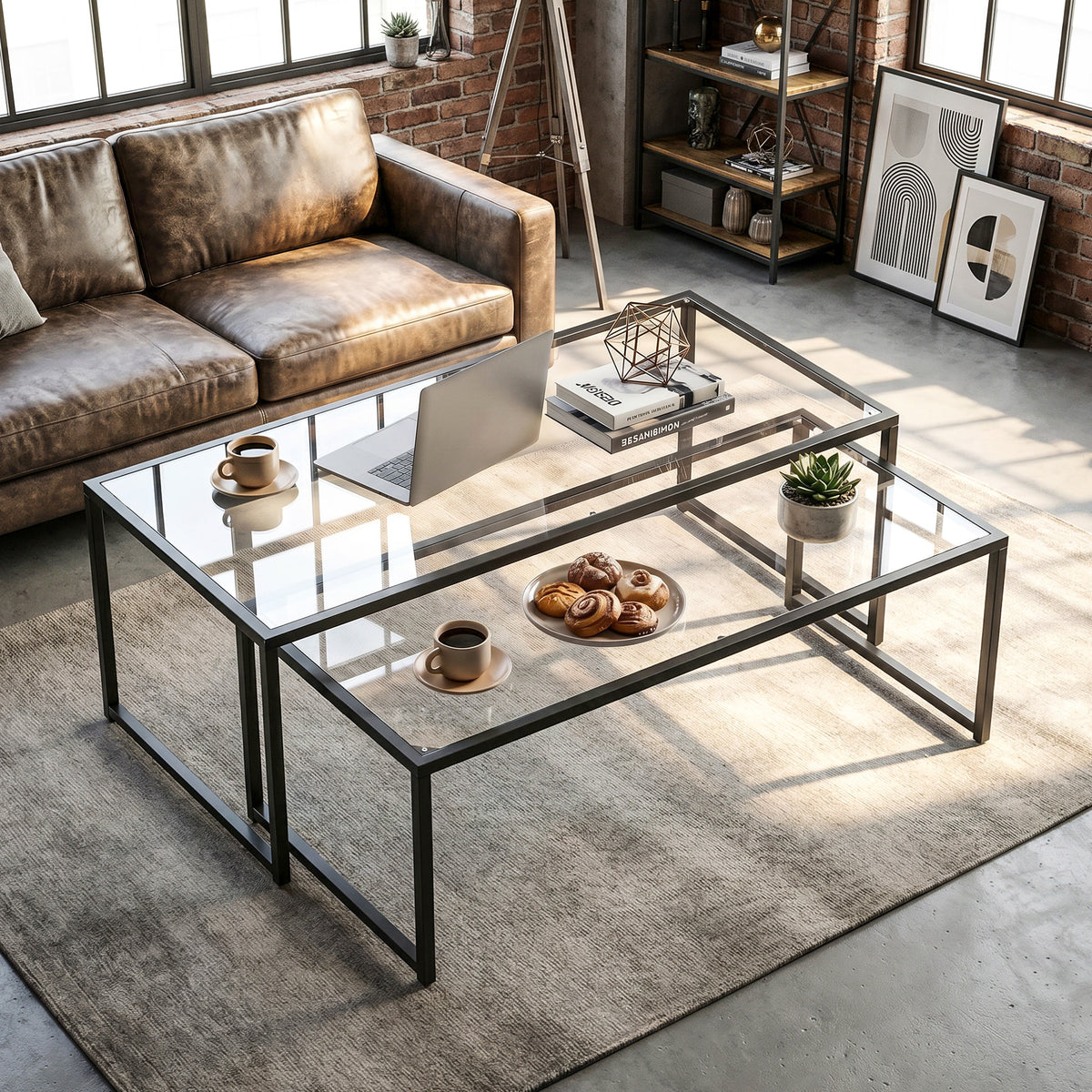 2er-Set stapelbare Glas-Beistelltische mit Stahlgestell