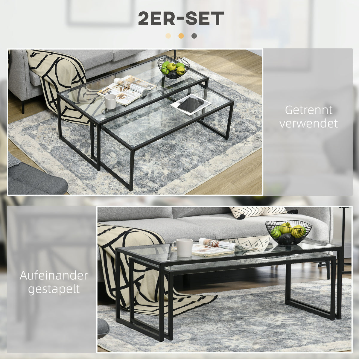 2er-Set stapelbare Glas-Beistelltische mit Stahlgestell