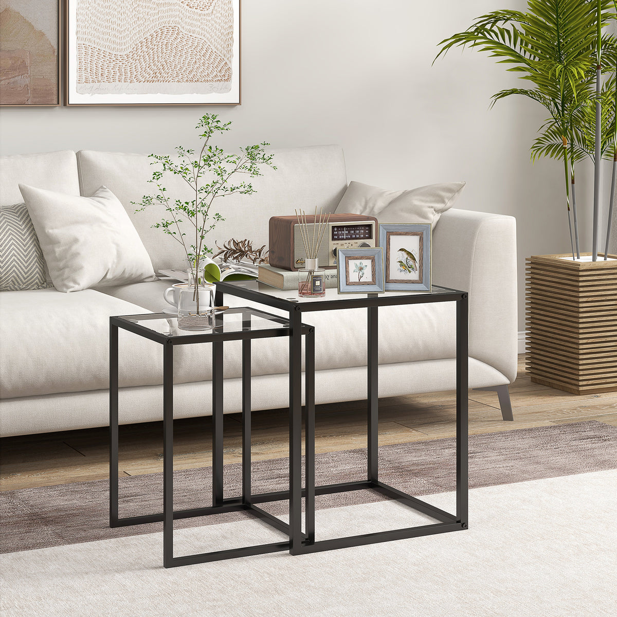 2er-Set stapelbare Glas-Beistelltische mit Stahlgestell