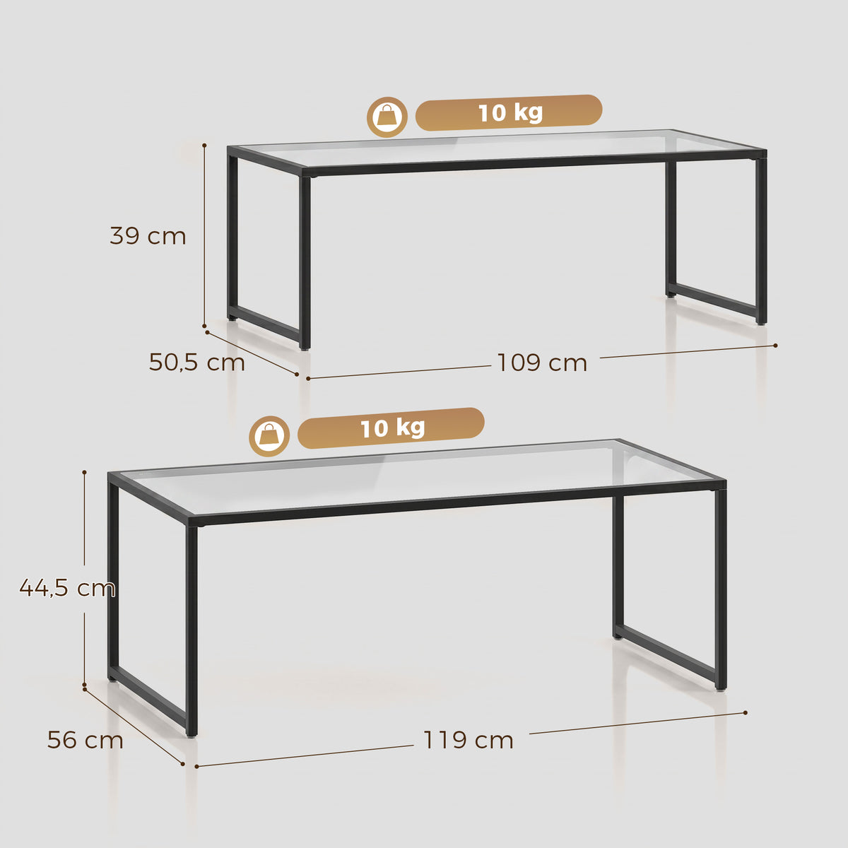 2er-Set stapelbare Glas-Beistelltische mit Stahlgestell