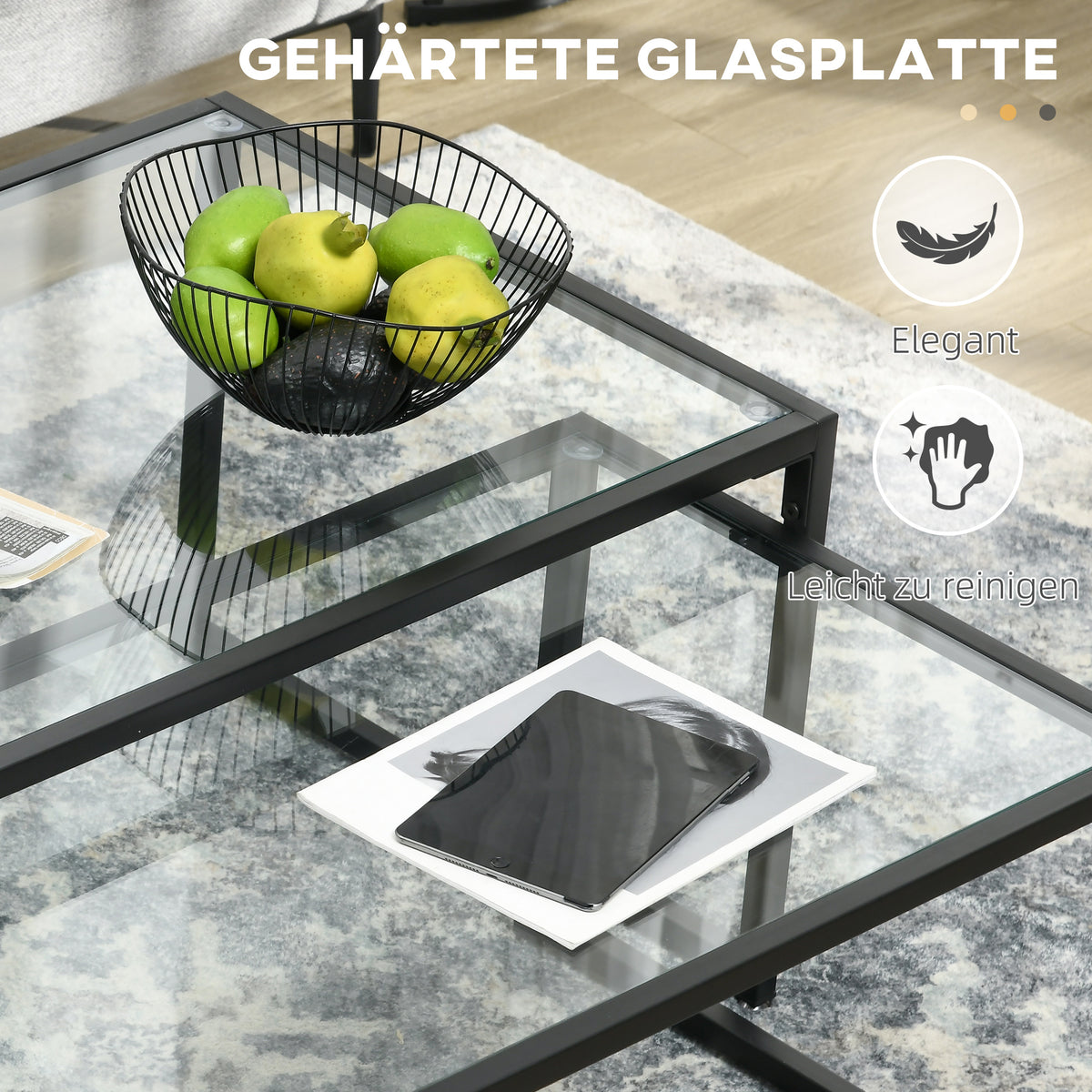 2er-Set stapelbare Glas-Beistelltische mit Stahlgestell