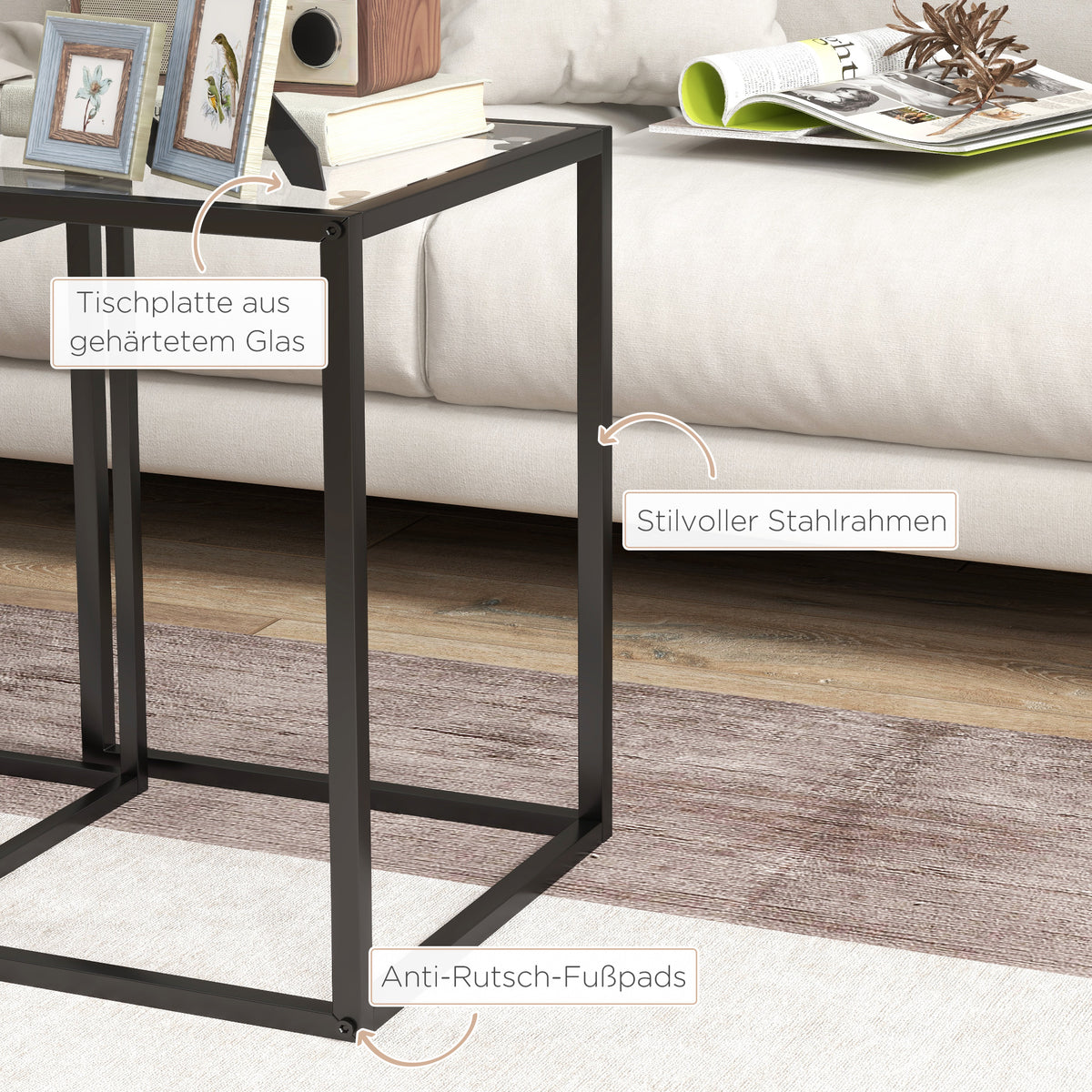 2er-Set stapelbare Glas-Beistelltische mit Stahlgestell