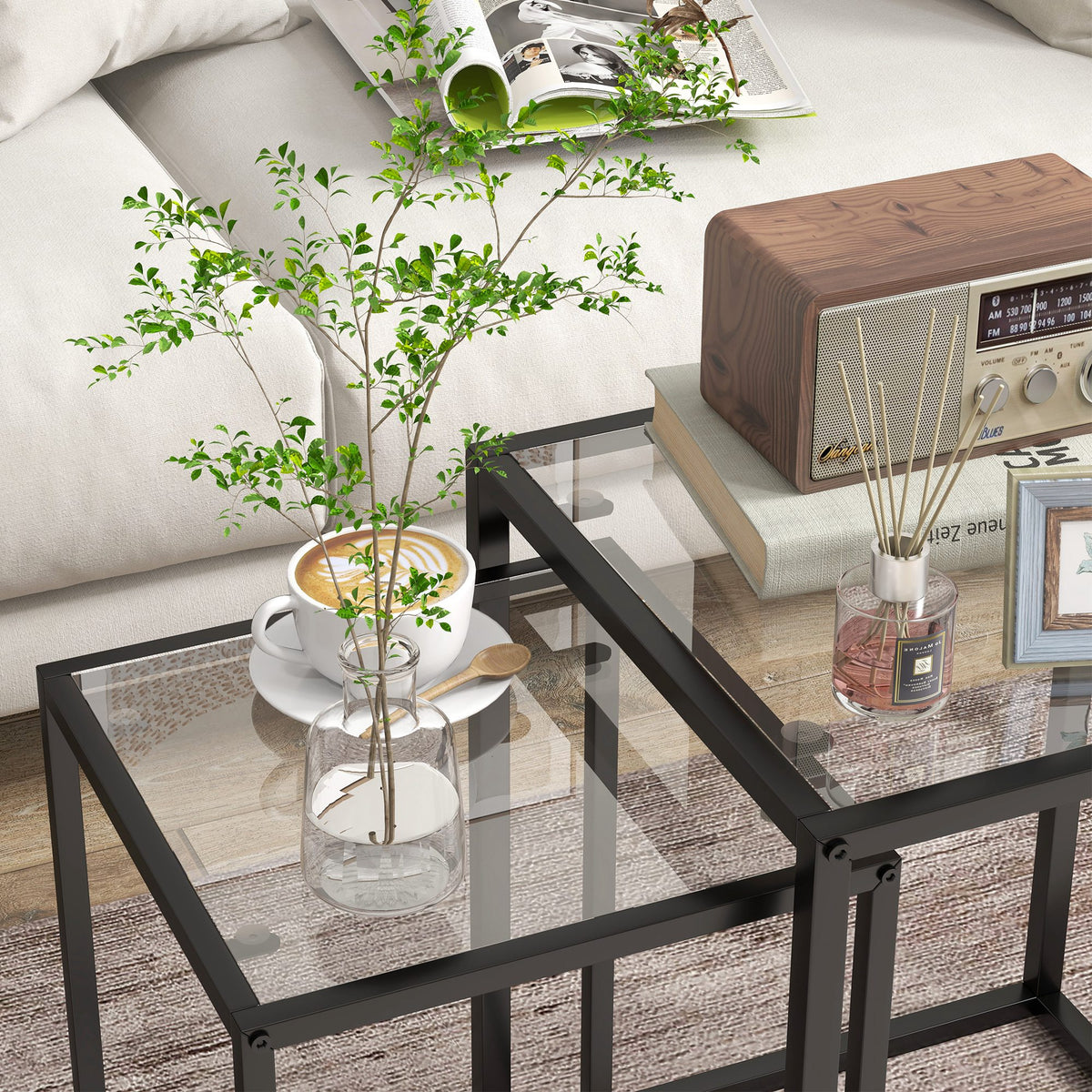2er-Set stapelbare Glas-Beistelltische mit Stahlgestell