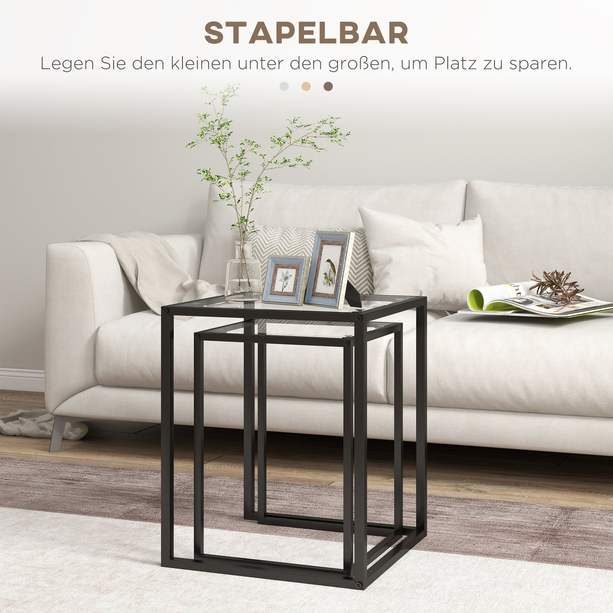 2er-Set stapelbare Glas-Beistelltische mit Stahlgestell