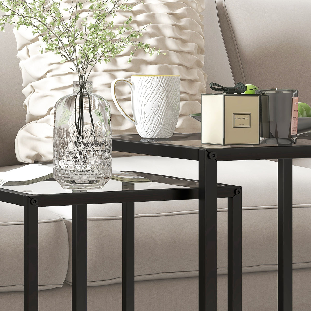 2er-Set stapelbare Glas-Beistelltische mit Stahlgestell