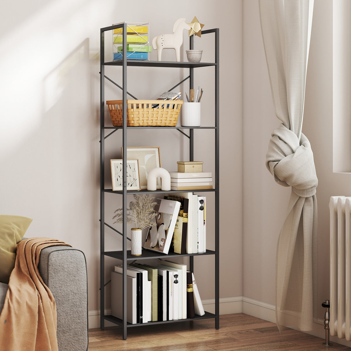 Bücherregal mit 5 offenen Ebenen und Metallrahmen