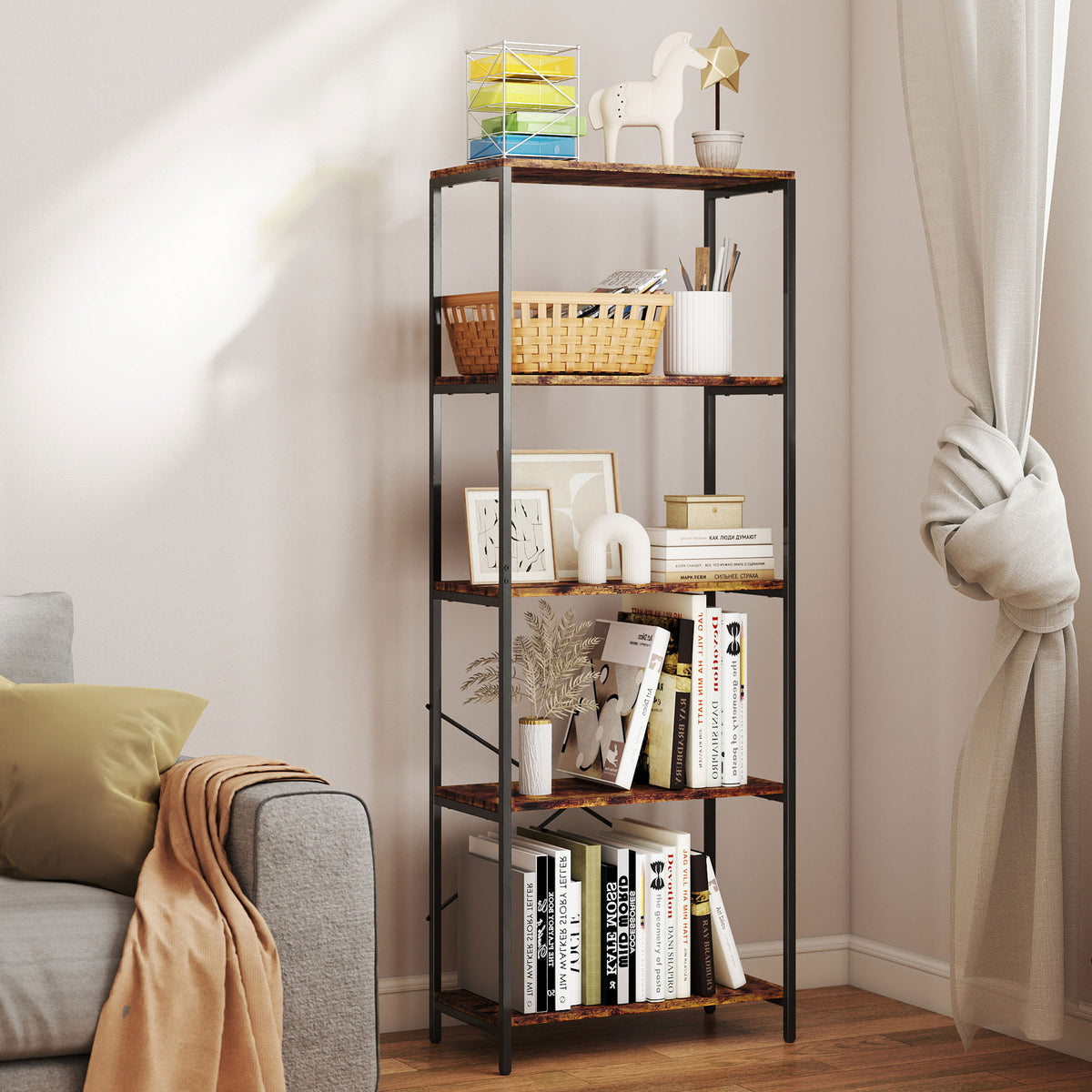 Bücherregal mit 5 offenen Ebenen und Metallrahmen