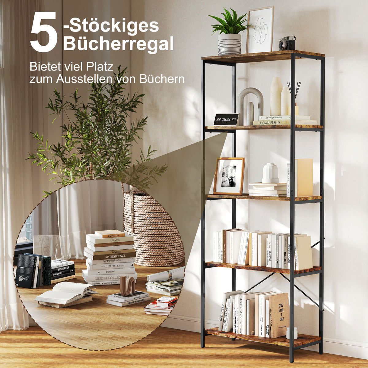 Bücherregal mit 5 offenen Ebenen und Metallrahmen