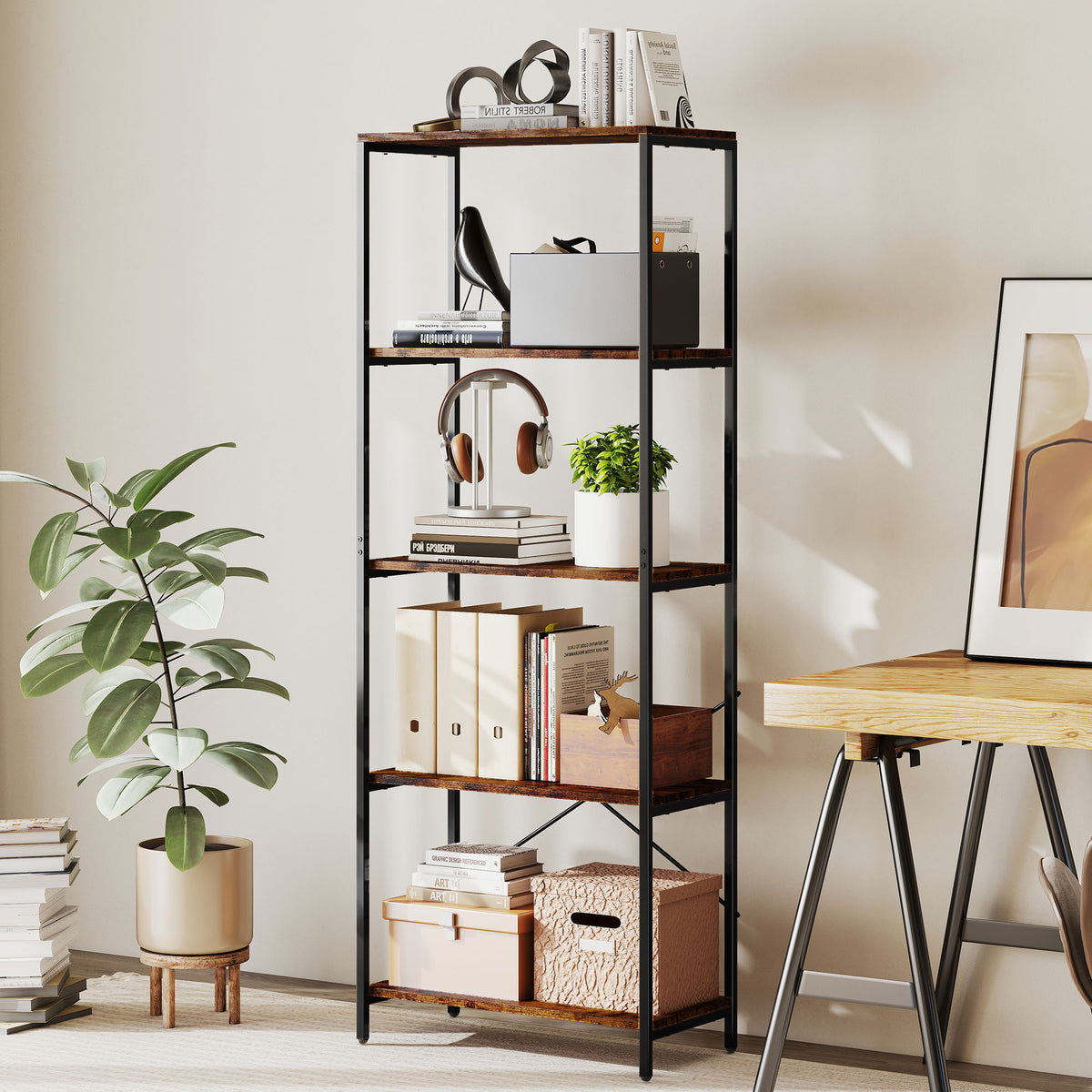 Bücherregal mit 5 offenen Ebenen und Metallrahmen