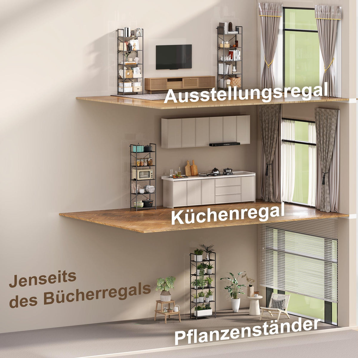 Bücherregal mit 5 offenen Ebenen und Metallrahmen