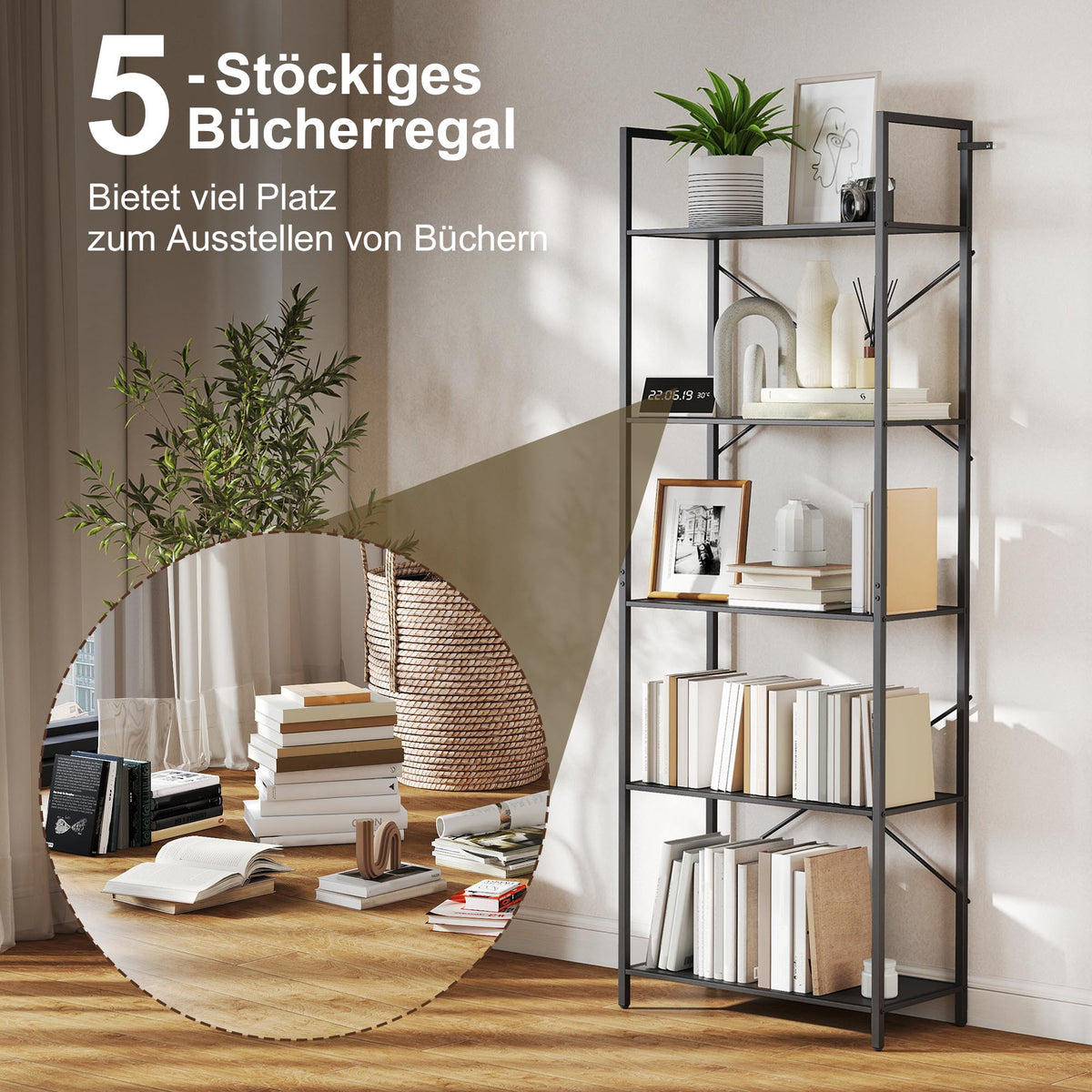 Bücherregal mit 5 offenen Ebenen und Metallrahmen