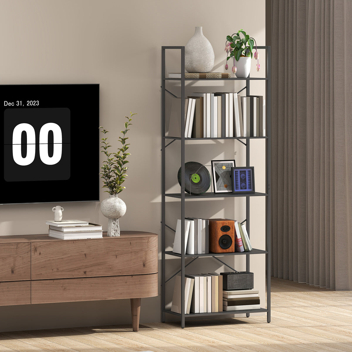 Bücherregal mit 5 offenen Ebenen und Metallrahmen