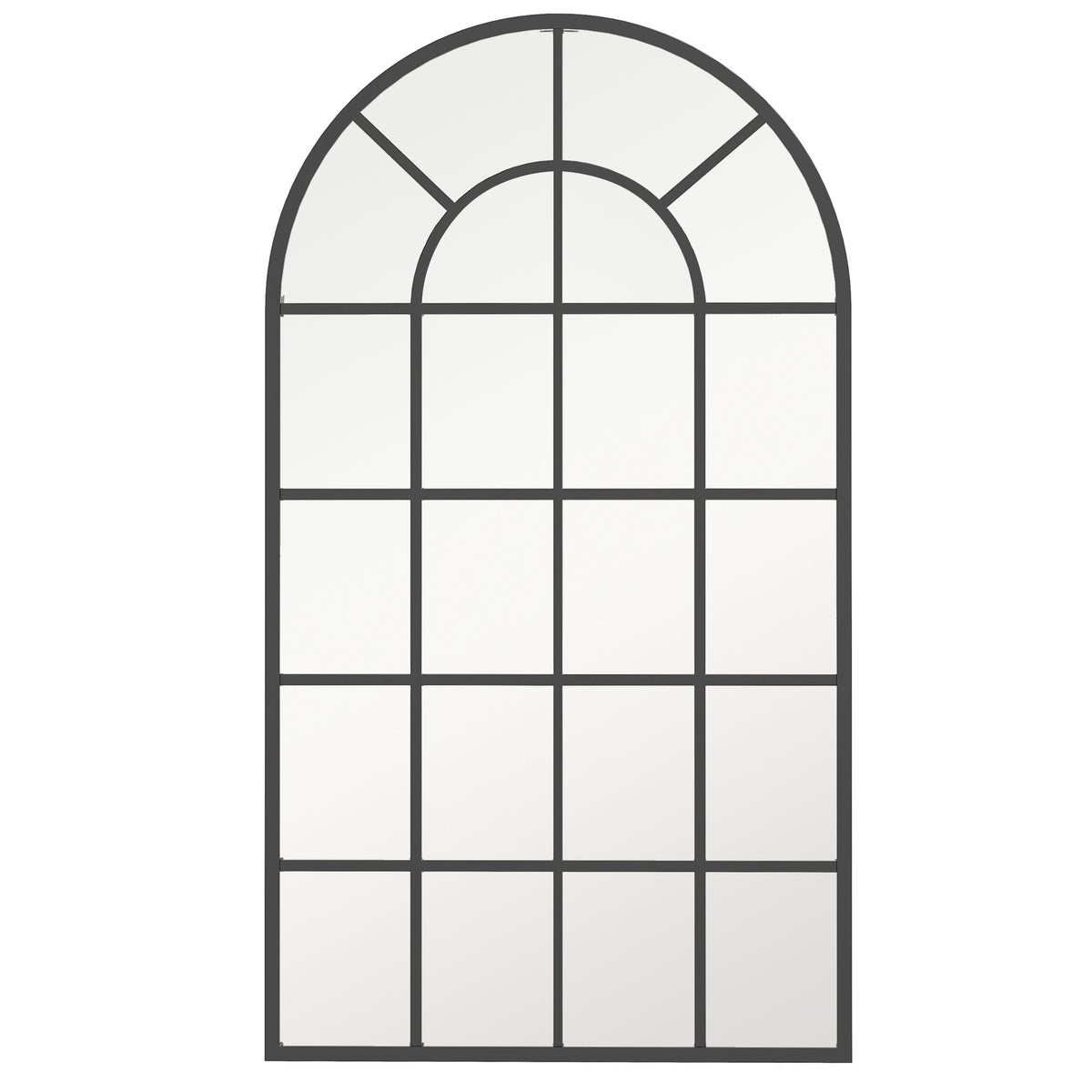 Bogenförmiger Wandspiegel mit Fensteroptik und Metallrahmen