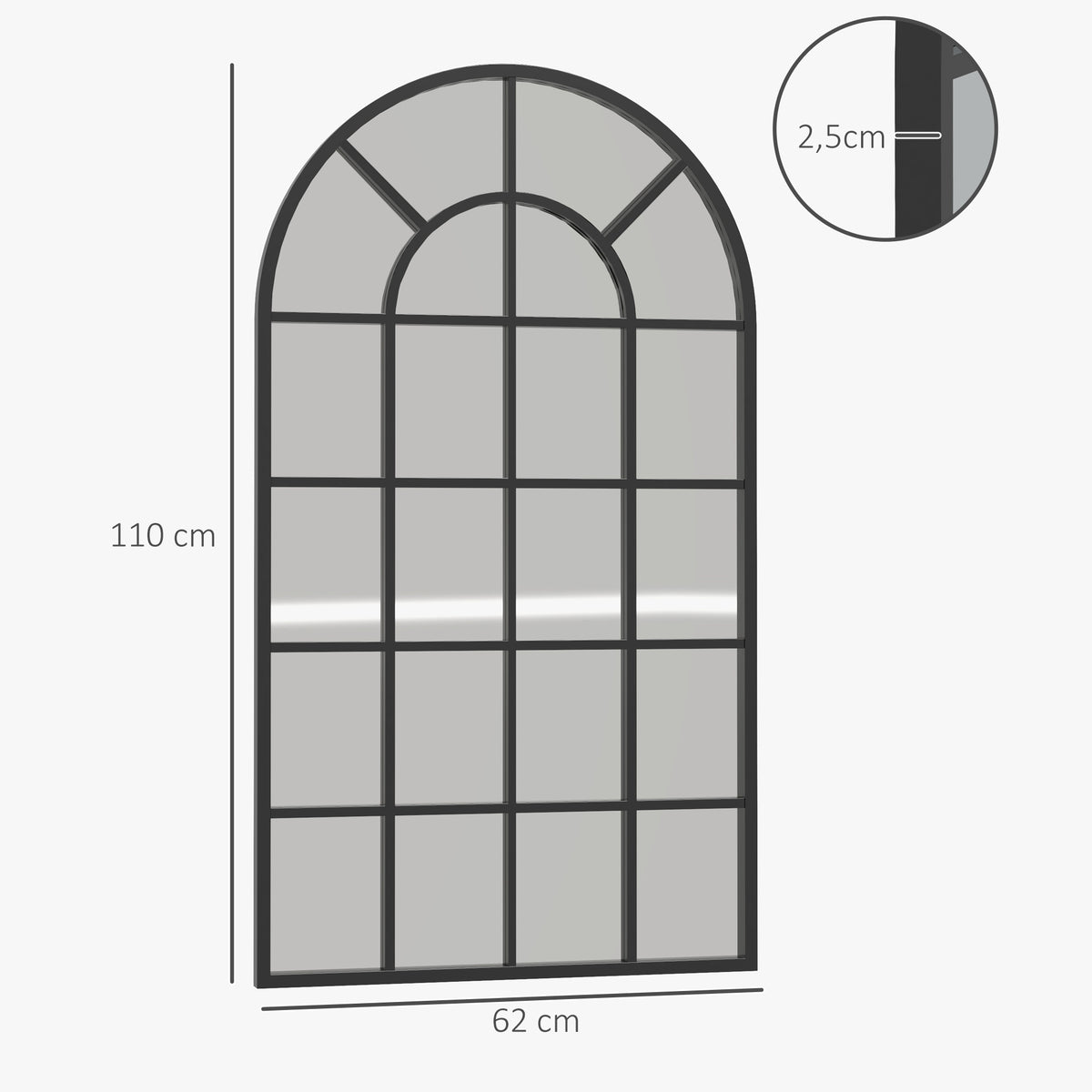 Bogenförmiger Wandspiegel mit Fensteroptik und Metallrahmen