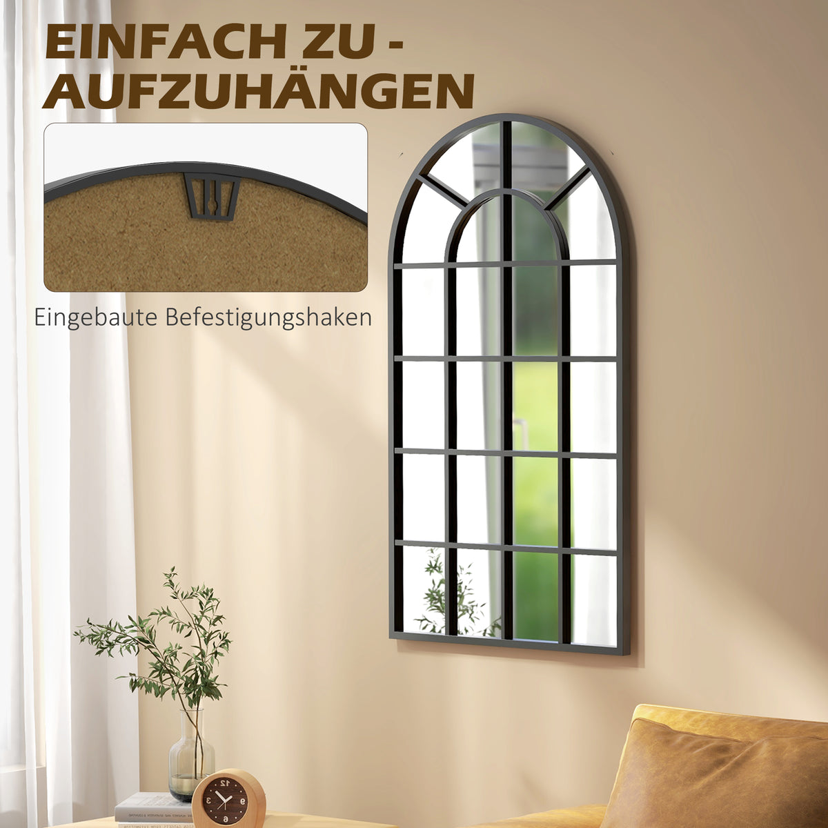 Bogenförmiger Wandspiegel mit Fensteroptik und Metallrahmen