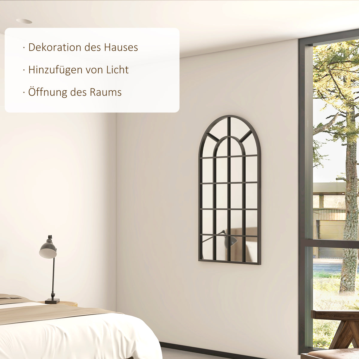 Bogenförmiger Wandspiegel mit Fensteroptik und Metallrahmen