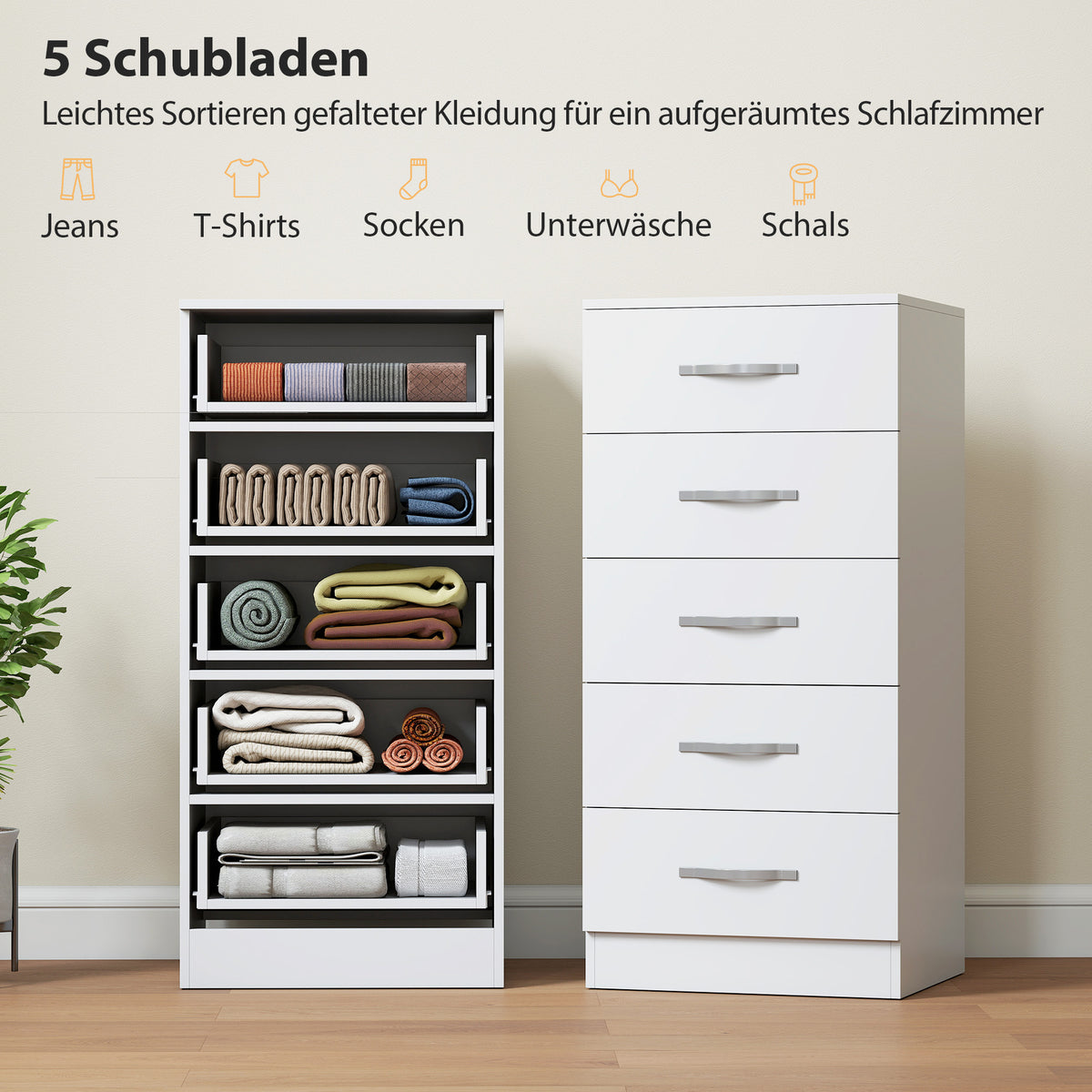 Kommode mit 5 Schubladen und silberfarbenen Griffen