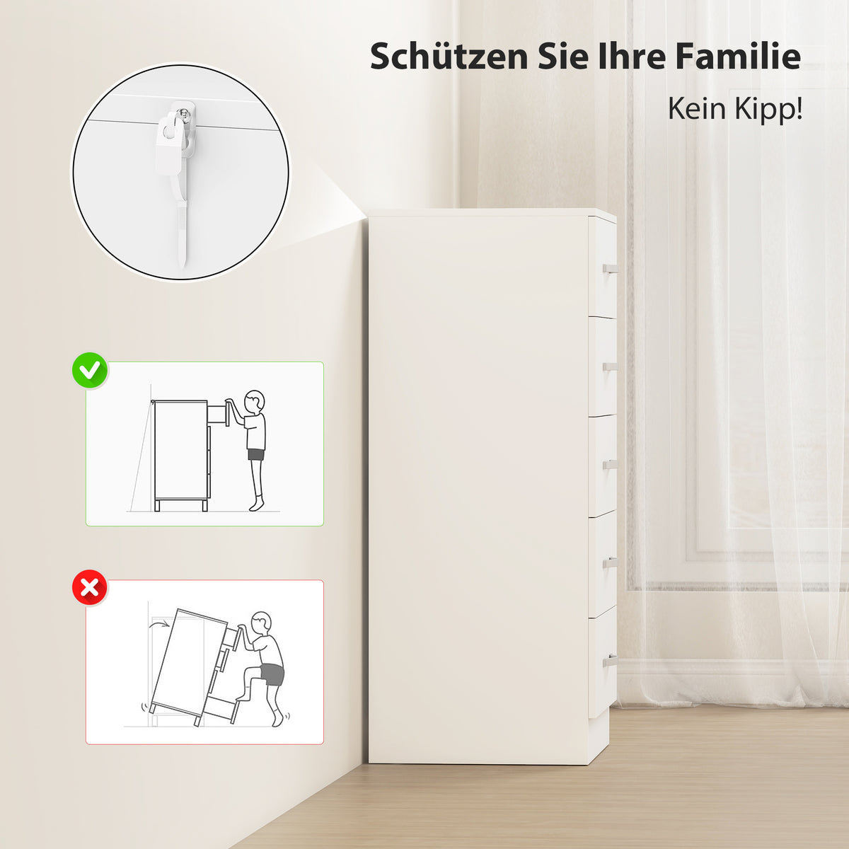 Kommode mit 5 Schubladen und silberfarbenen Griffen