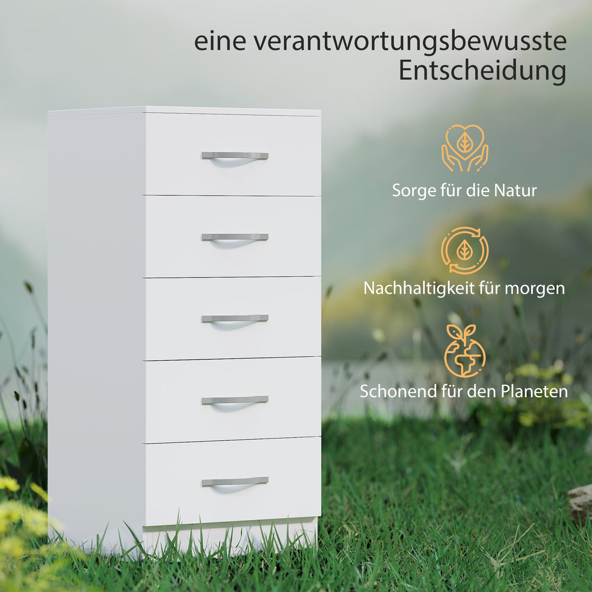 Kommode mit 5 Schubladen und silberfarbenen Griffen