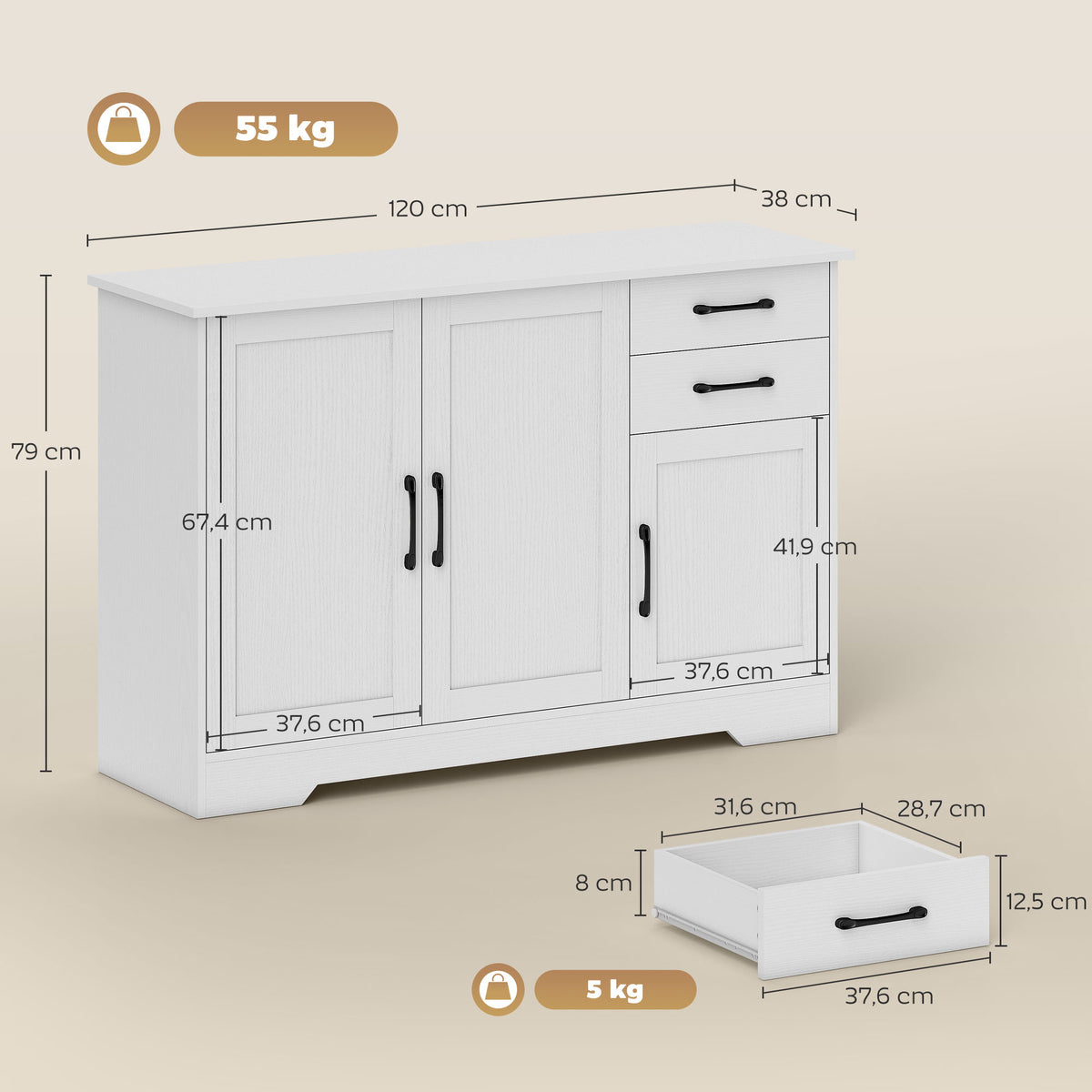 Sideboard 120 cm mit 2 Schubladen und 3 Türen