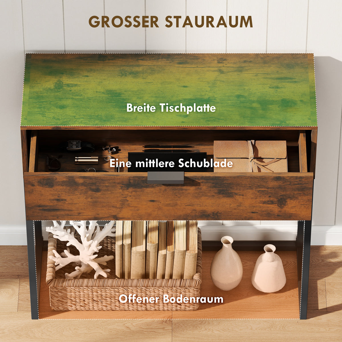 Konsolentisch mit Schublade und Stahlgestell