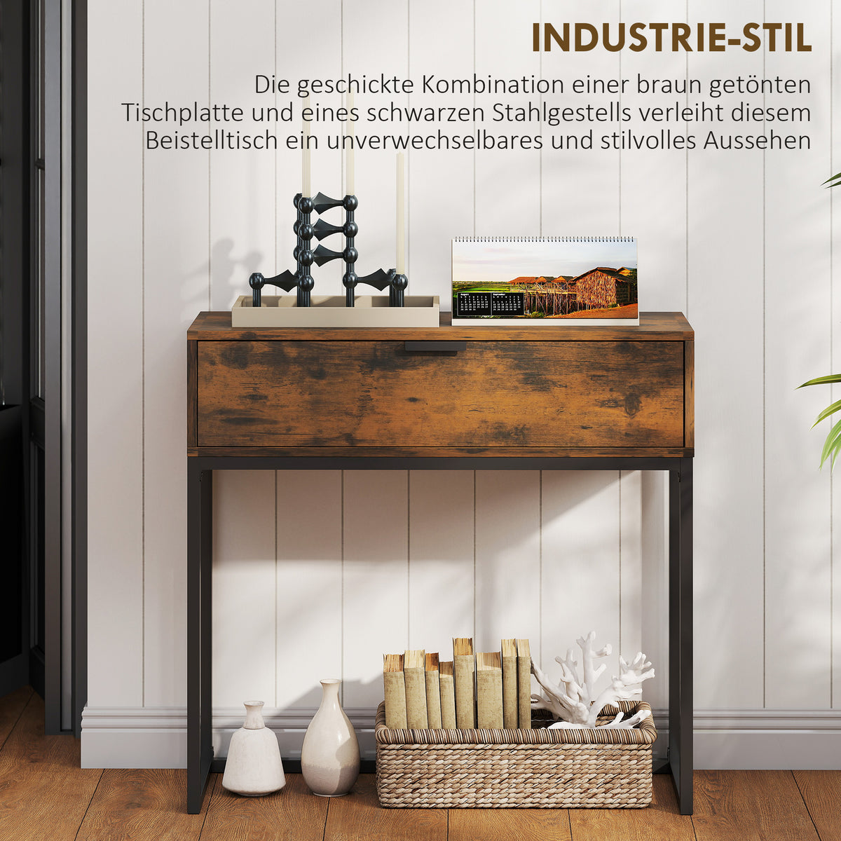 Konsolentisch mit Schublade und Stahlgestell