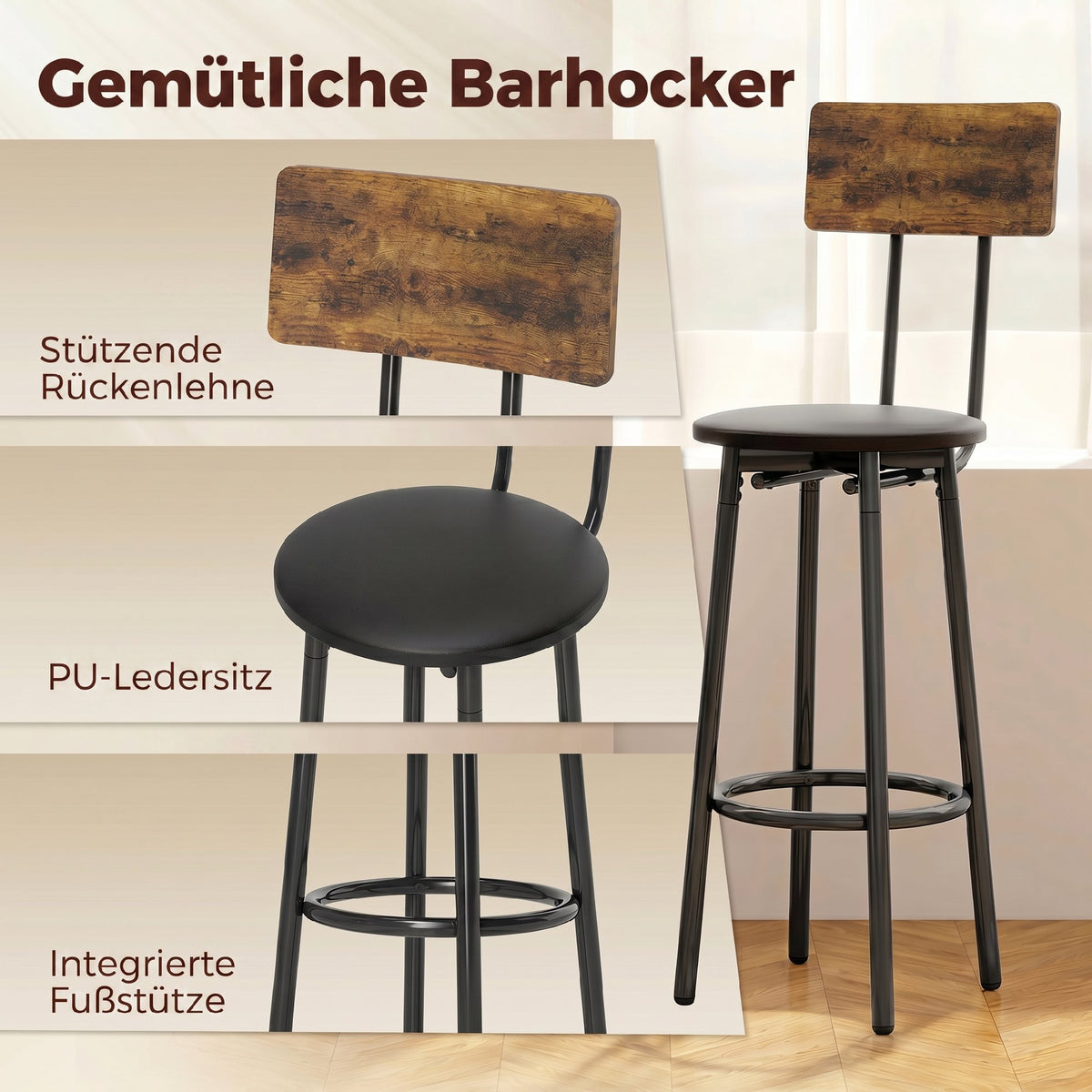 Bartisch-Set mit zwei gepolsterten Hockern