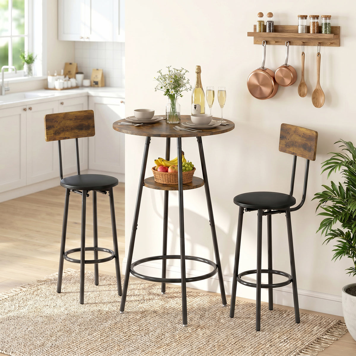 Bartisch-Set mit zwei gepolsterten Hockern