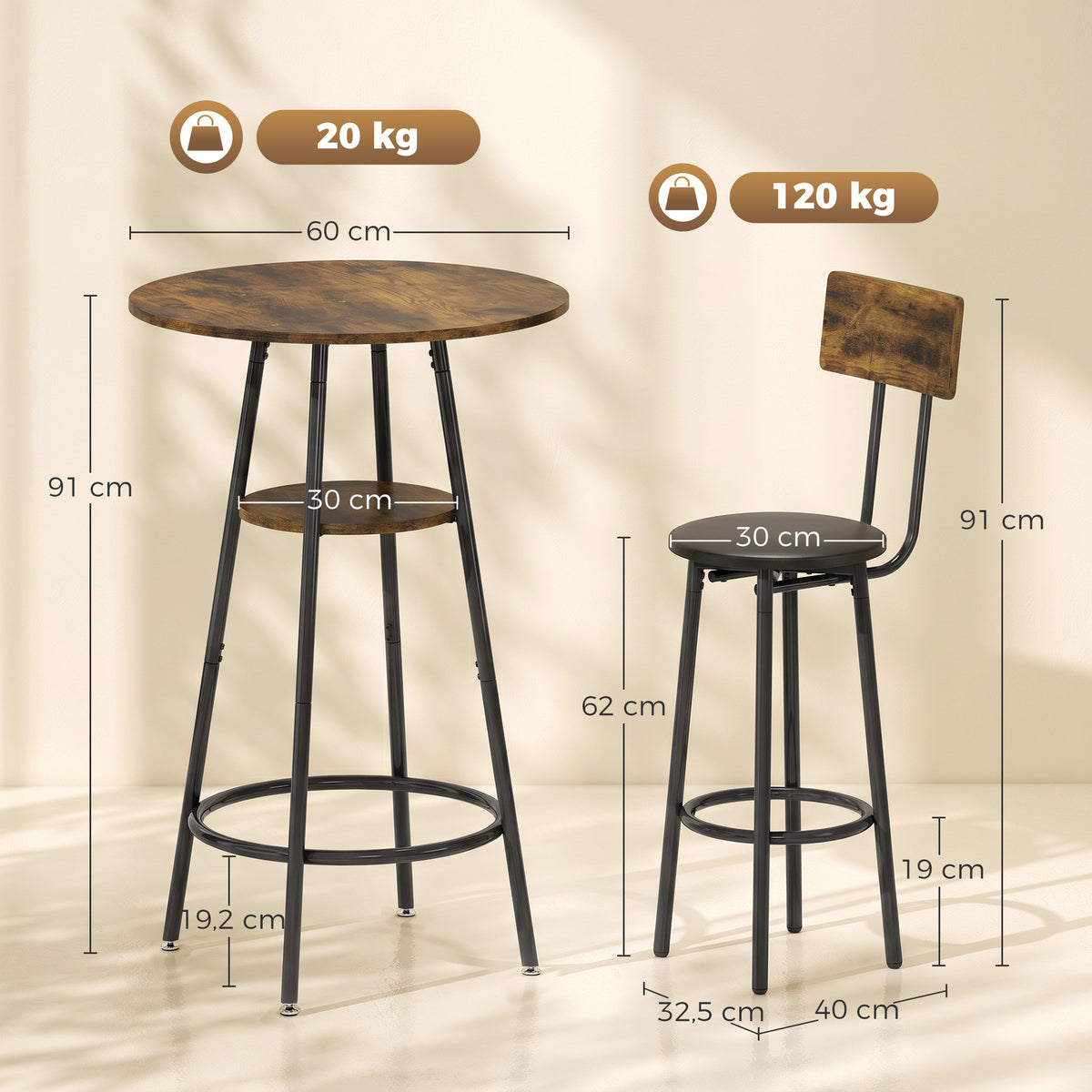 Bartisch-Set mit zwei gepolsterten Hockern